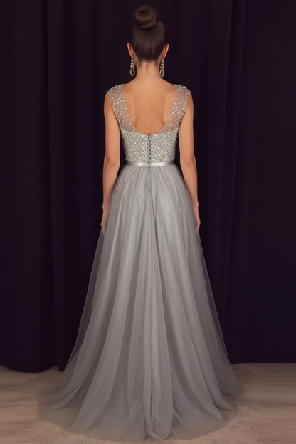 Elegant Gray A-Line Prom Dress Sequined Tulle Evening Gown