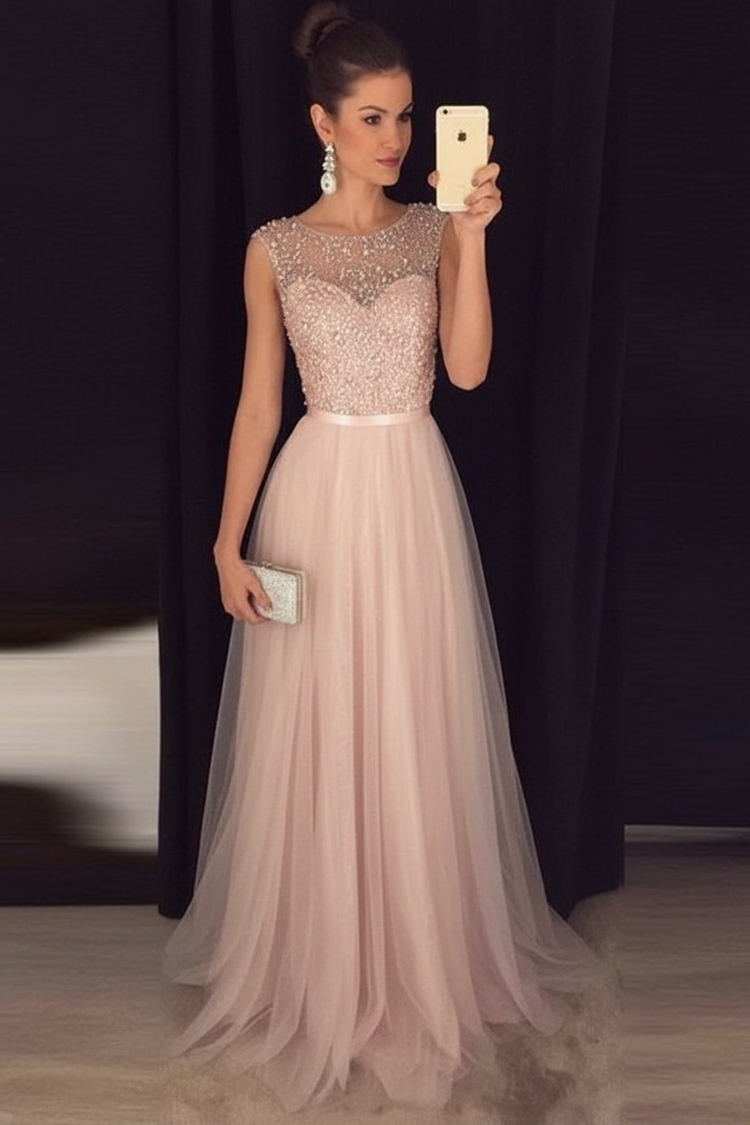 Bridelily Grey A-line Prom Dresses Beaded Long Tulle Evening Gowns