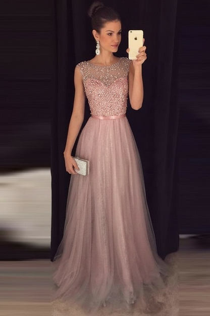 Bridelily Grey A-line Prom Dresses Beaded Long Tulle Evening Gowns