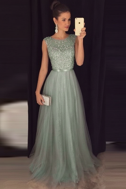 Bridelily Grey A-line Prom Dresses Beaded Long Tulle Evening Gowns