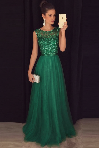 Bridelily Grey A-line Prom Dresses Beaded Long Tulle Evening Gowns
