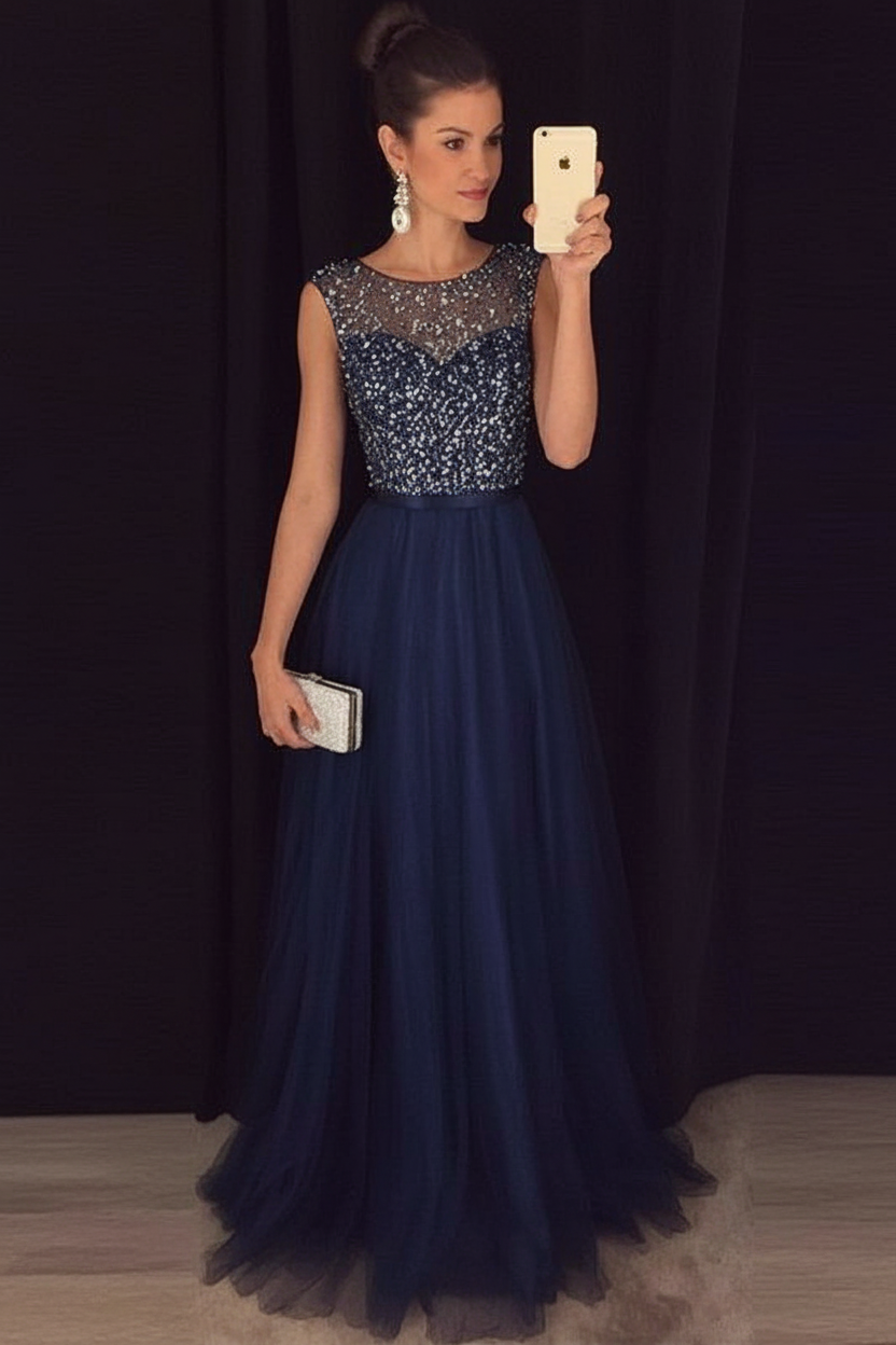 Bridelily Grey A-line Prom Dresses Beaded Long Tulle Evening Gowns