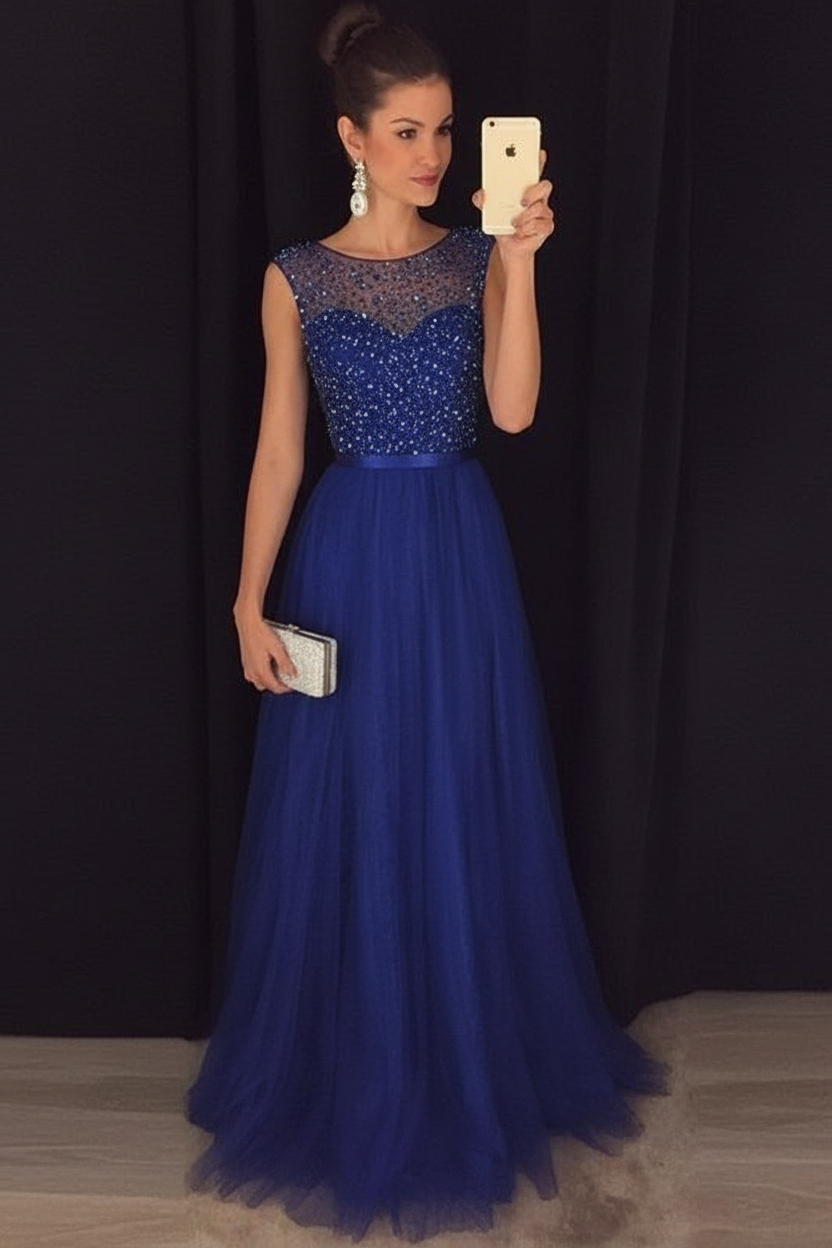 Bridelily Grey A-line Prom Dresses Beaded Long Tulle Evening Gowns