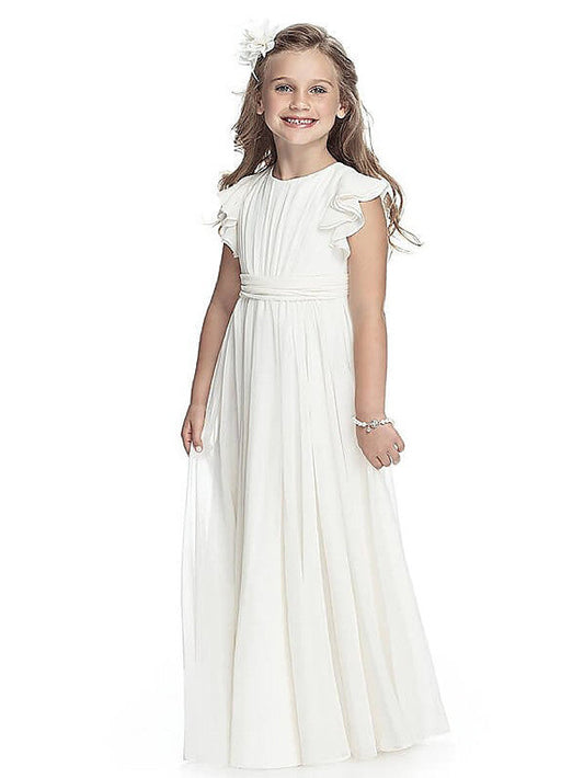 A-Line Jewel Floor Length Flower Girl Dress With Sash Ribbon