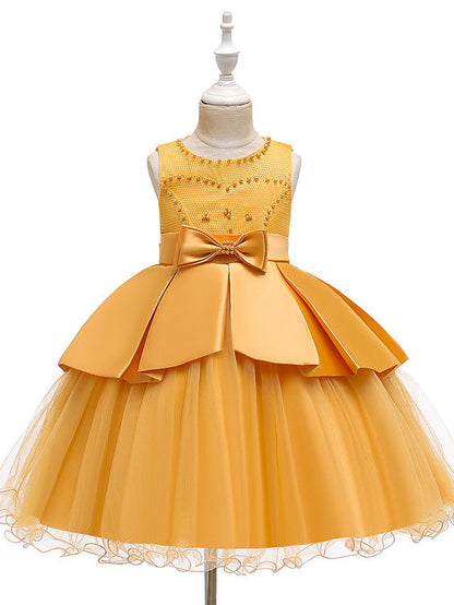 A-Line Knee Length Wedding / Party Dress - Tulle / Matte Satin / Poly&Cotton Blend Jewel Neck with Lace / Bow(S) / Beading