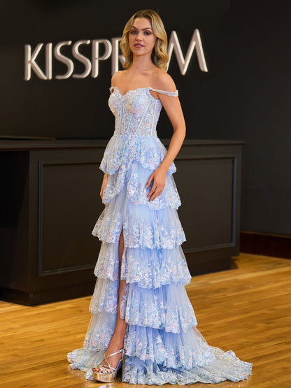 Princess A Line Off the Shoulder Corset Prom Dress with Lace Ruffles