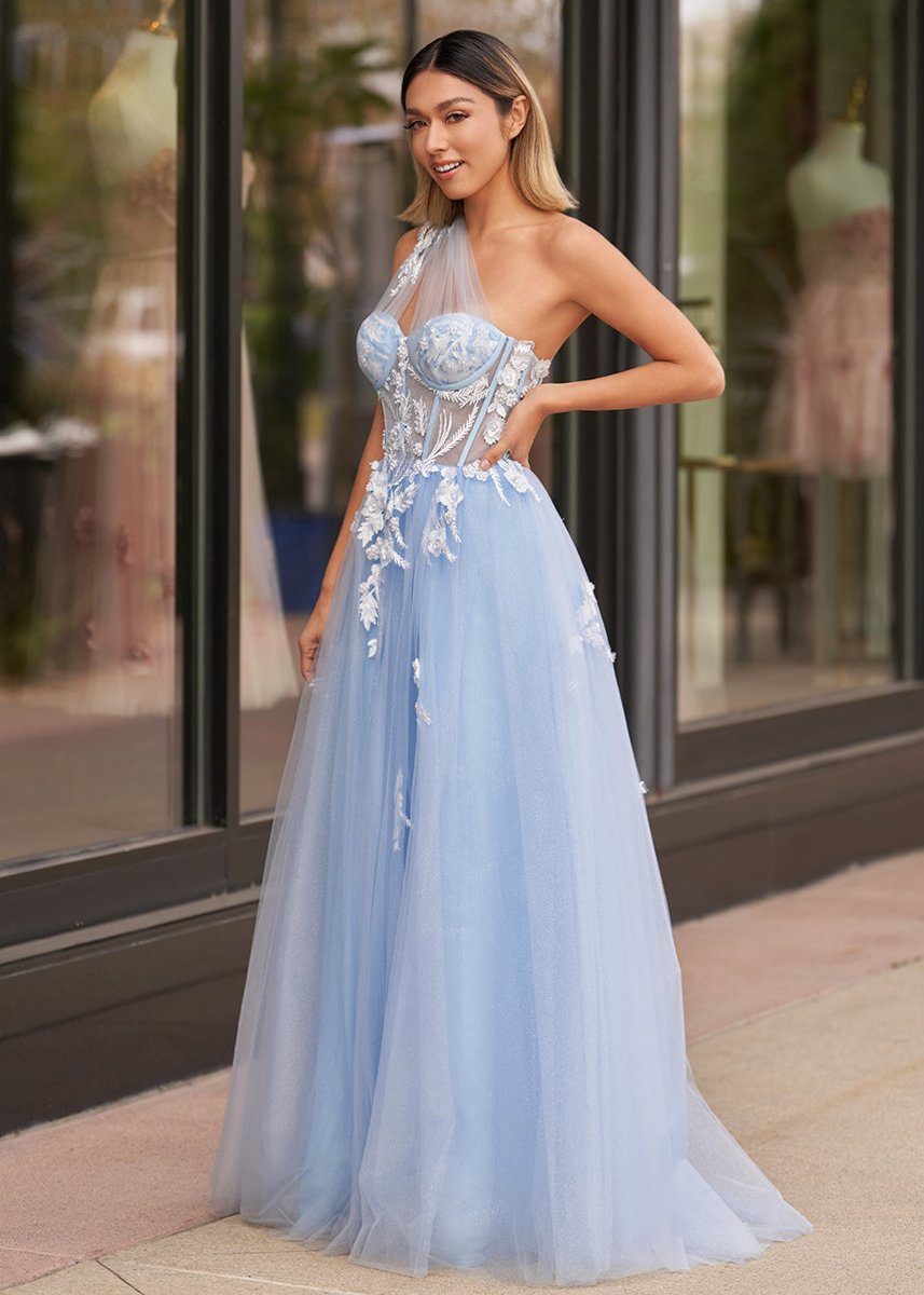 A Line One Shoulder Black Long Prom Dress with Appliques
