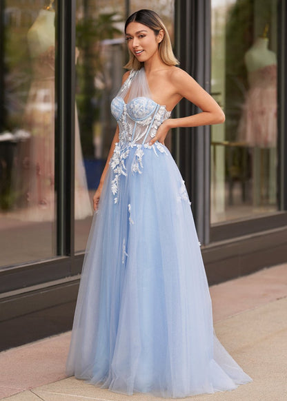 A Line One Shoulder Black Long Prom Dress with Appliques