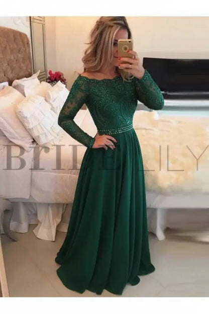 A-Line Sheer Neckline Prom Dresses Floor Length Long Sleeves Evening Dress
