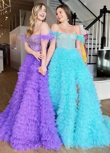 Astrid |A Line Off the Shoulder Tiered Tulle Prom Dress With Slit