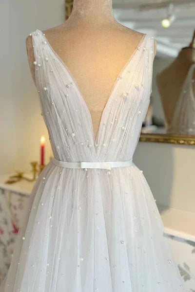 A Line Sexy V neck Pearls Elegant Wedding Dress Floor Length Beautiful