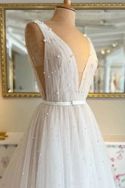 A Line Sexy V neck Pearls Elegant Wedding Dress Floor Length Beautiful