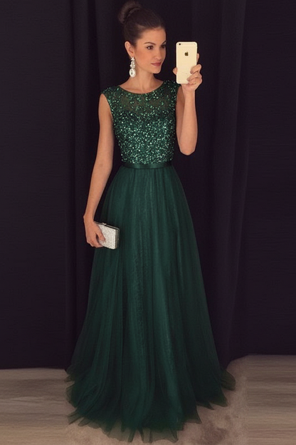 Bridelily Grey A-line Prom Dresses Beaded Long Tulle Evening Gowns