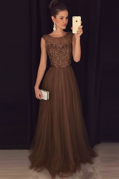 Bridelily Grey A-line Prom Dresses Beaded Long Tulle Evening Gowns