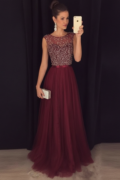Bridelily Grey A-line Prom Dresses Beaded Long Tulle Evening Gowns