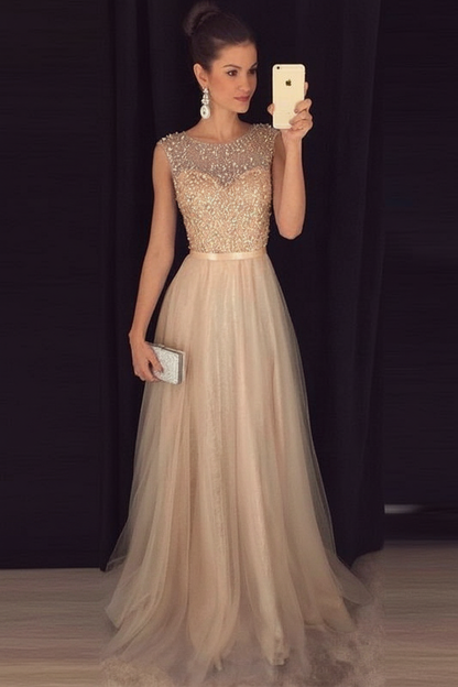 Bridelily Grey A-line Prom Dresses Beaded Long Tulle Evening Gowns