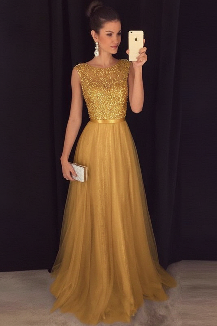 Bridelily Grey A-line Prom Dresses Beaded Long Tulle Evening Gowns