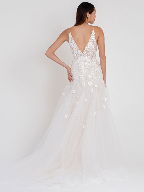A-Line Sleeveless White Wedding Dress Satin V-Neck Lace Tulle Bridal Dresses