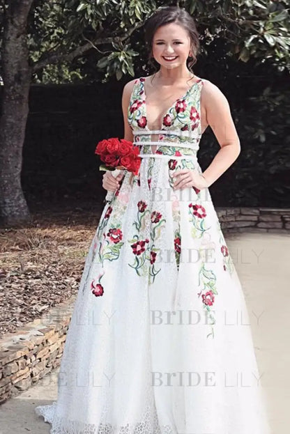A Line V Neck Ivory Lace Prom Dress Flowers Evening Dresses with Appliques