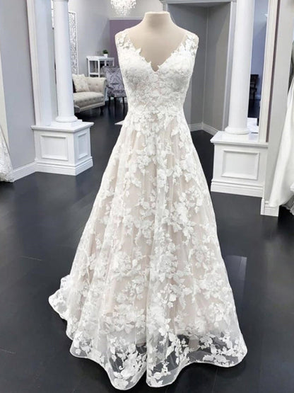 White Floral Lace Wedding Dress A Line V Neck Bridal Dress Sleeveless