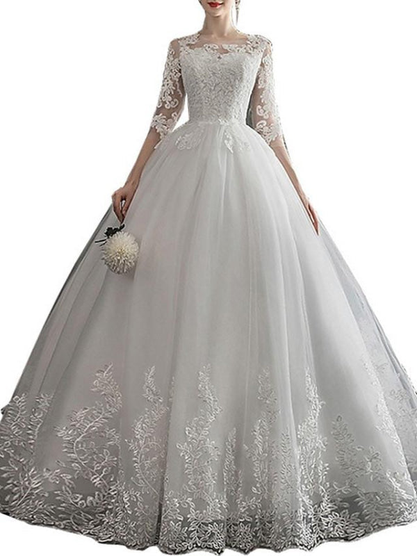 Glamorous A-Line Wedding Dresses Jewel Neck Lace Half Sleeve Illusion Sleeve Bridal Dress