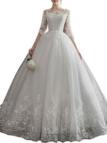 Glamorous A-Line Wedding Dresses Jewel Neck Lace Half Sleeve Illusion Sleeve Bridal Dress