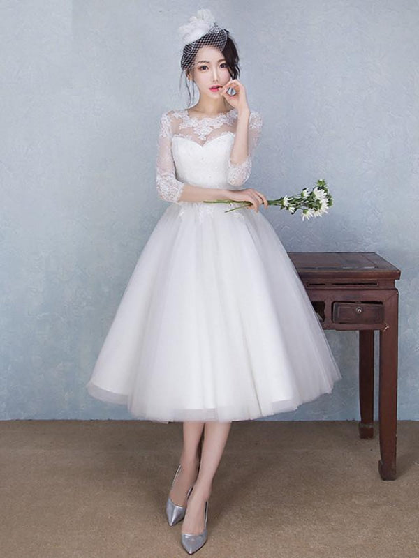 A-Line Wedding Dresses Jewel Neck Tea Length Tulle Sheer Lace 3\4 Length Sleeve Casual See-Through Backless