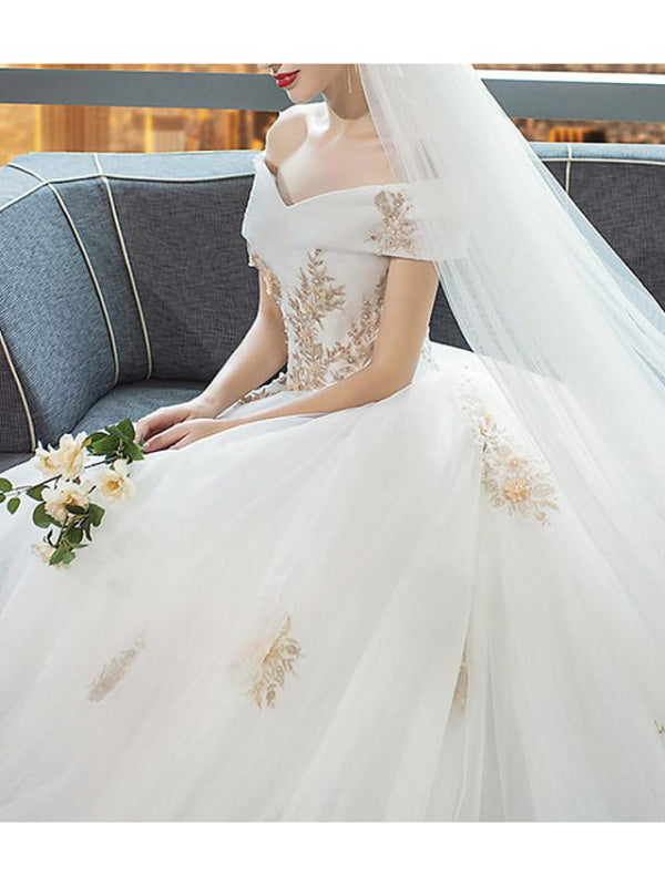 A-Line Wedding Dresses Off Shoulder Cathedral Train Lace Short Sleeve