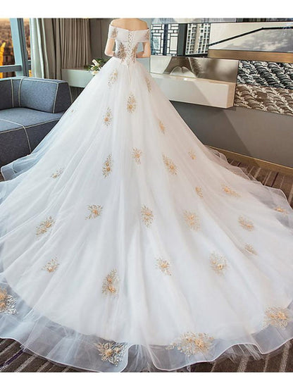 A-Line Wedding Dresses Off Shoulder Cathedral Train Lace Short Sleeve