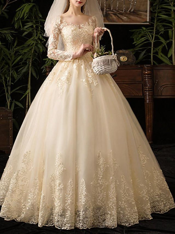 A-Line Wedding Dresses Scoop Neck Floor Length Lace Long Sleeve Glamorous See-Through Illusion Sleeve