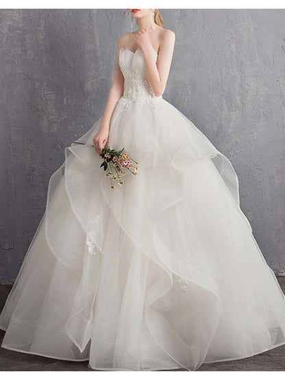 A-Line Wedding Dresses Strapless Floor Length Tulle Regular Straps