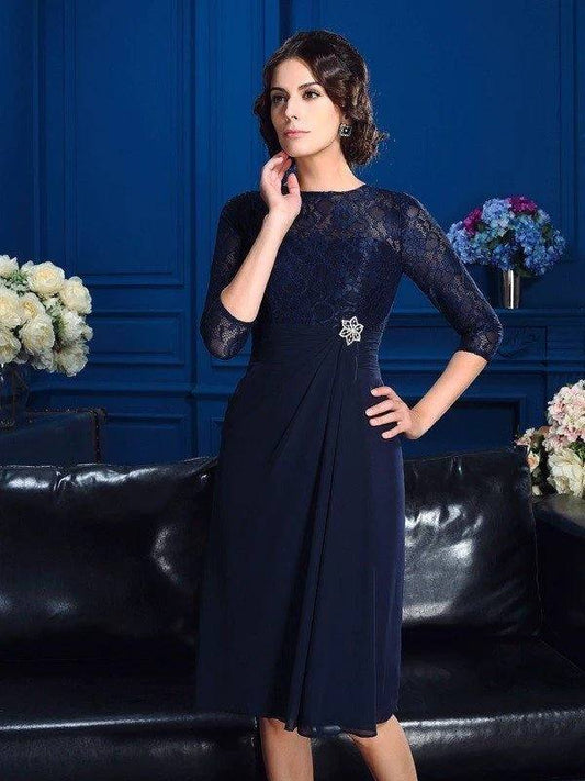A-Line/Princess Jewel Lace 3/4 Sleeves Short Chiffon Mother of the Bride Dresses - RongMoon