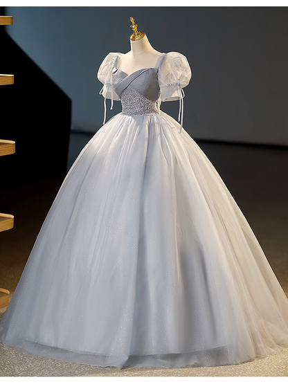 Elegant Dusty Blue A-Line Beaded Evening Gown Tulle Short-sleeved Party Dress Long Formal Dress HZ1024