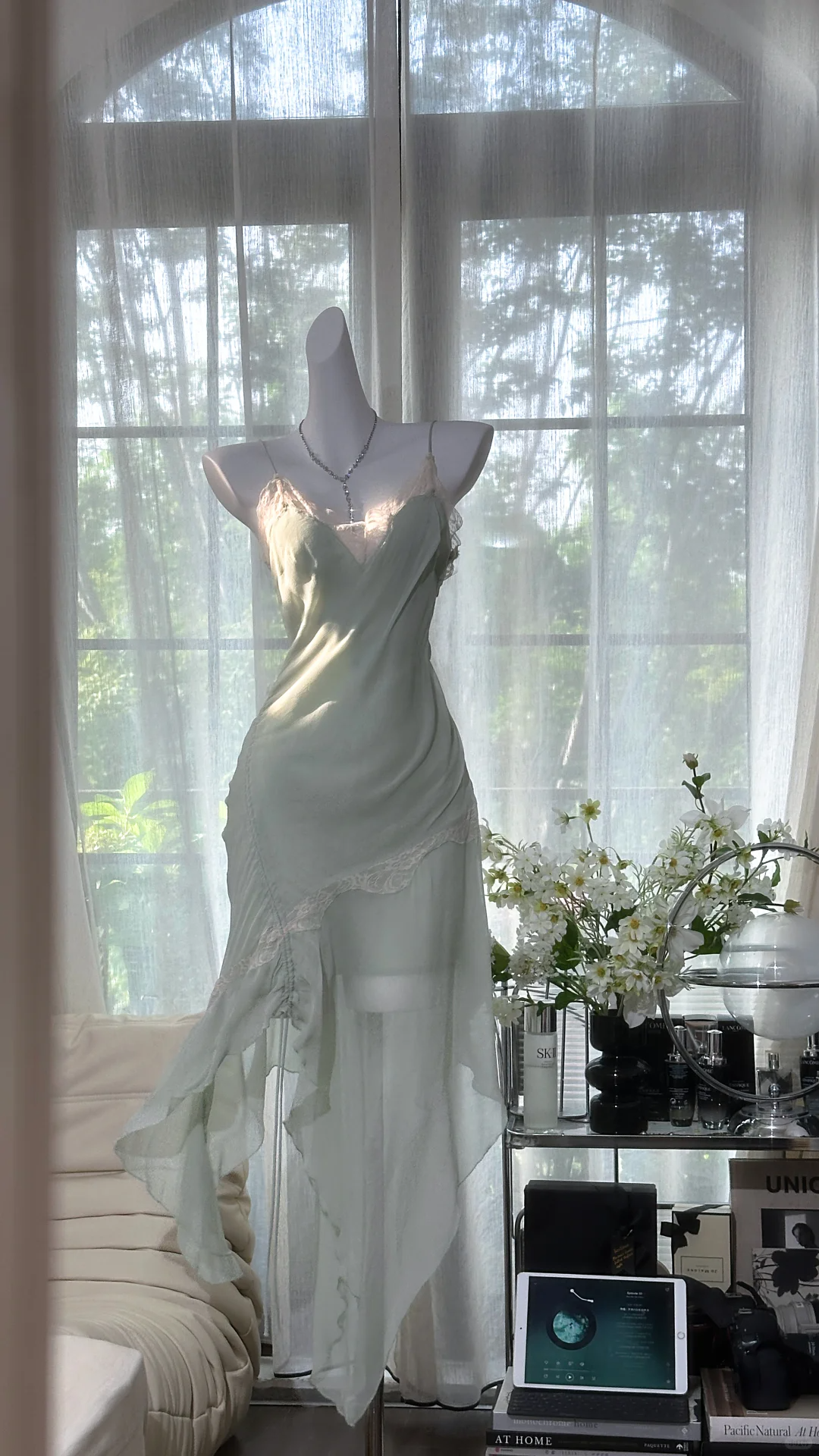 Vintage Mint Green Irregular Lace Hem Spaghetti Strap Design Chiffon Prom Dress Evening Dress HZ1024