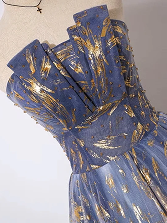 Retro Blue Sequin Strapless Design A-line Tulle Party Dress Homecoming Dress HZ1024