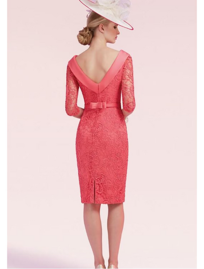 Mother of the Bride Dress Plus Size Neck Knee Length Satin Lace Half Sleeve with Sash Ribbon Bow(s) Split Front