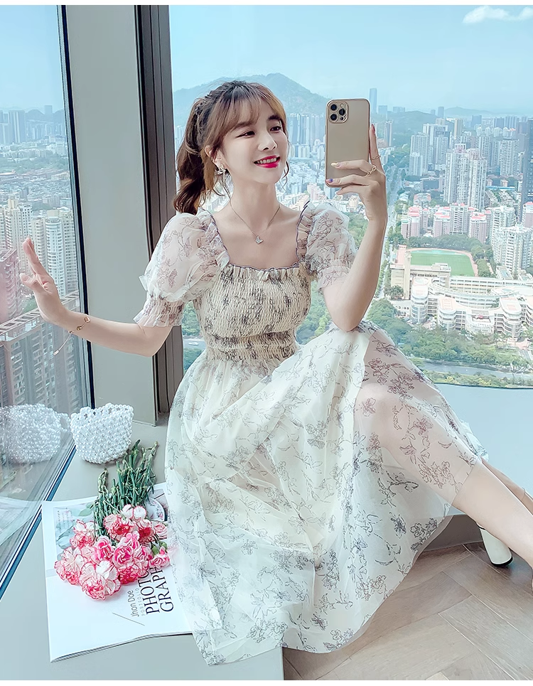 Simple Fashion Floral Short Sleeves Design Chiffon Women Dress HZ1024