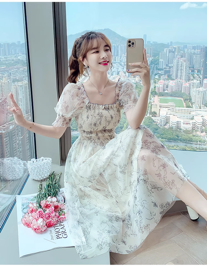 Simple Fashion Floral Short Sleeves Design Chiffon Women Dress HZ1024
