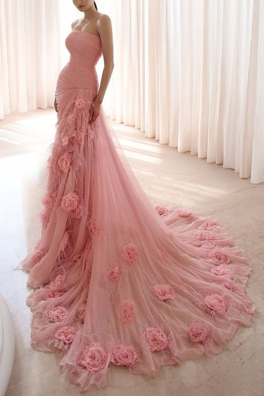 girlhomeshops-Pink Elegant Floral Long Tulle Ball Gown Wedding Dress gh5950