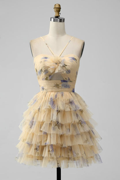 Vintage Yellow Floral Design A-line Spaghetti Strap Tiered Homecoming Dress HZ1024
