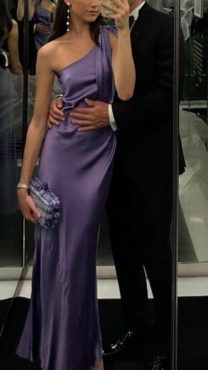 Sexy One Shoulder Purple Evening Dress Satin Slit Long Prom Party Dress cc1632