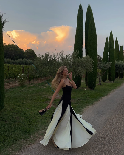 Vintage Black and White A-Line Prom Dress Spaghetti Strap Evening Dress Long Formal Dress HZ1024