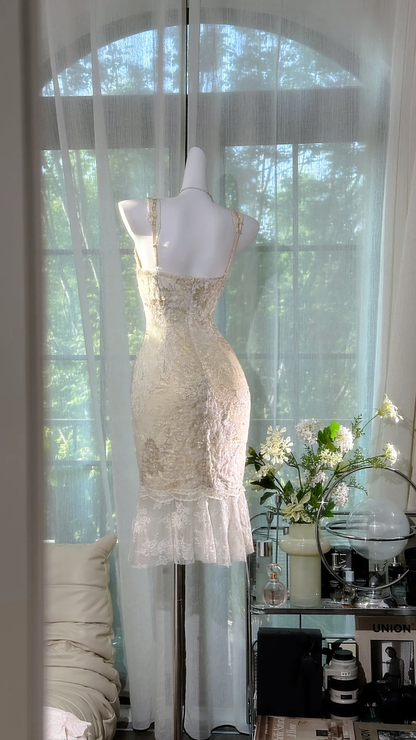 Vintage Ivory Lace Homecoming Dress Shiny Sequin V-neck Sheath Party Dress Cocktail Dress HZ1024