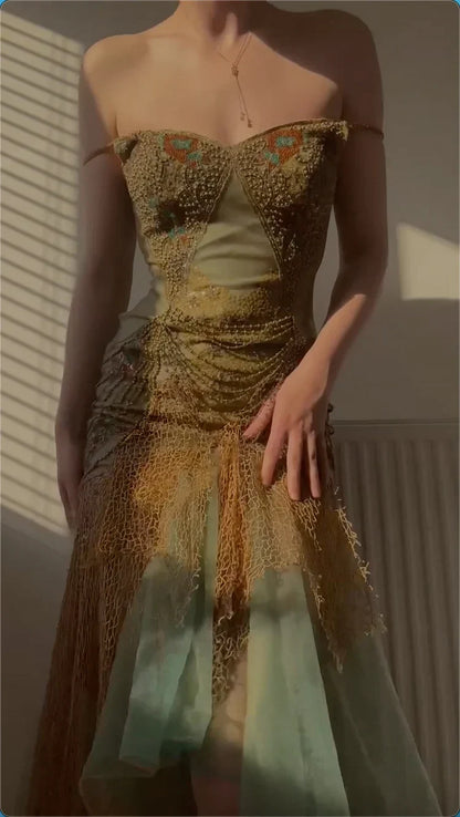 Vintage Green Beaded Chiffon Embroidery Prom Dress A-Line Spaghetti Strap Evening Dress Long Formal Dress HZ1024