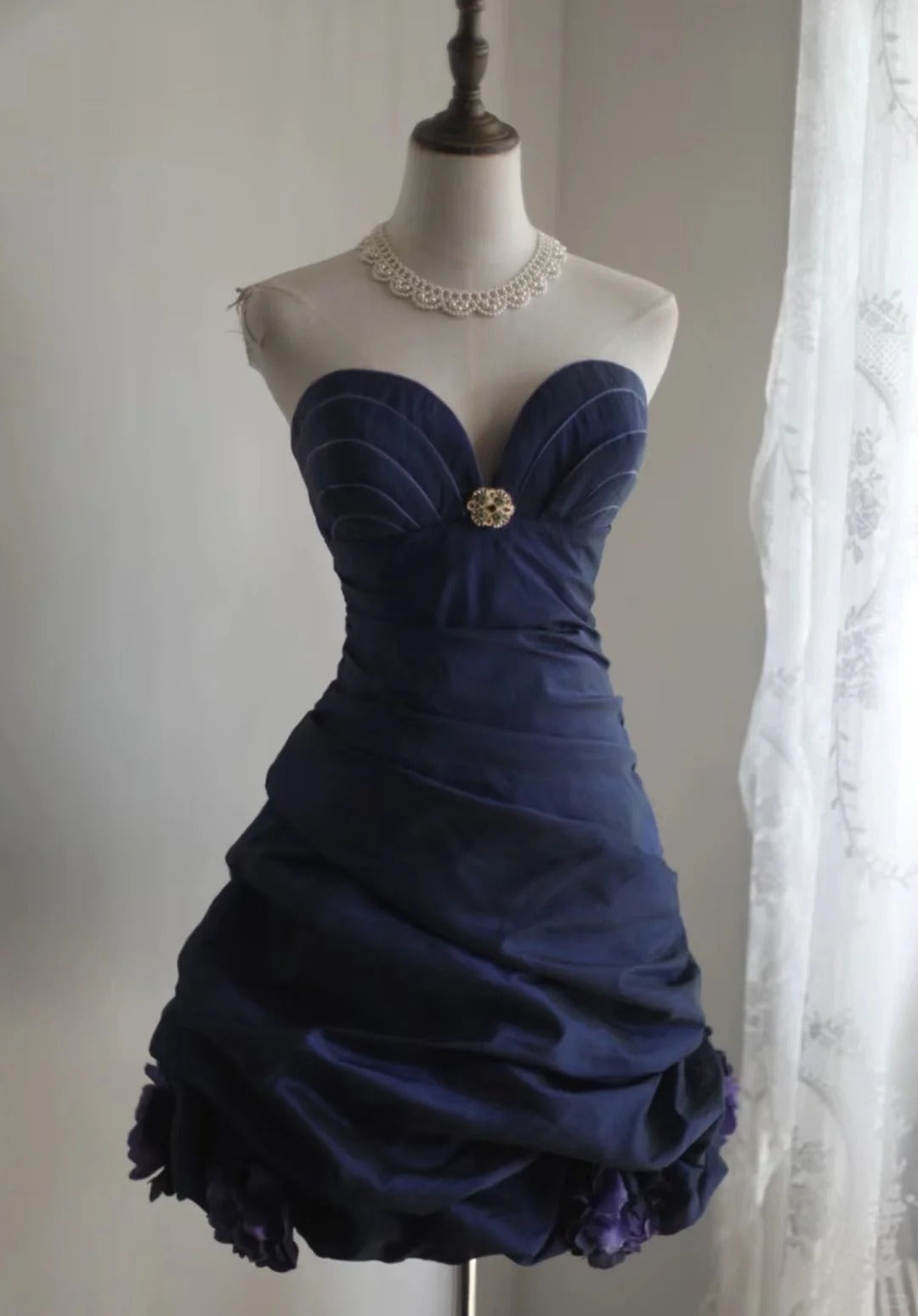 Vintage Navy Blue Sweetheart Design A-line Strapless Party Dresses Homecoming Dresses, HZ1024