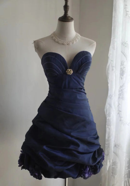 Vintage Navy Blue Sweetheart Design A-line Strapless Party Dresses Homecoming Dresses, HZ1024