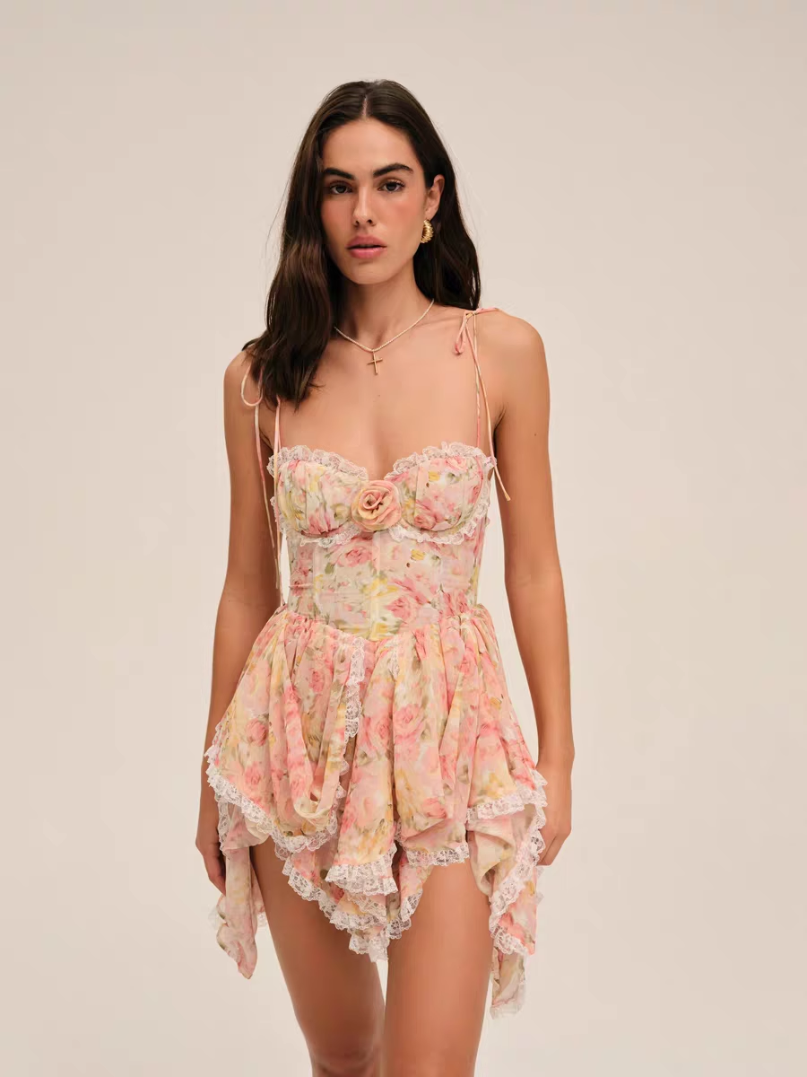 Vintage Lace Floral Spaghetti Strap Ruffled Hem Design A-line Party Dress HZ1024