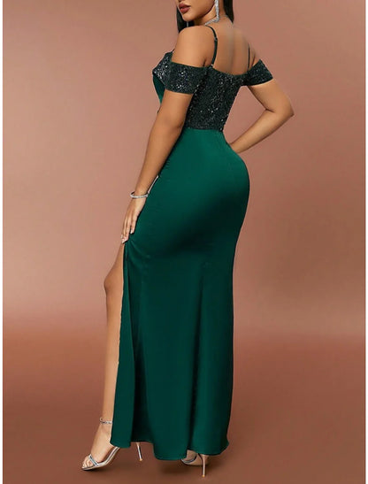 A-Line Bridesmaid Dress Spaghetti Strap Short Sleeve Elegant Ankle Length Spandex with Sequin / Split Front / Ruching