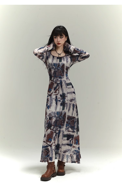 New Fashion Floral Pattern Design Women Long-sleeved Dress HZ1024