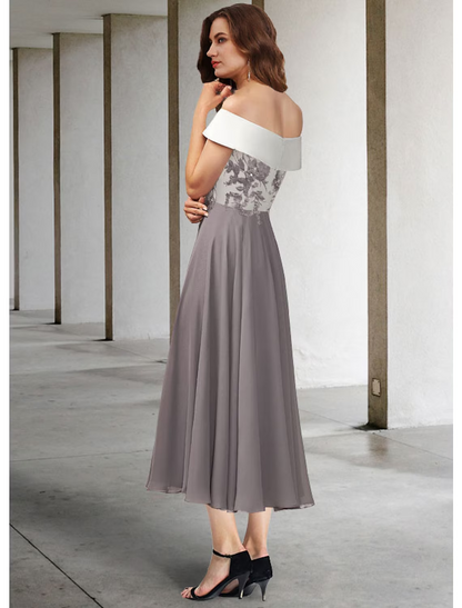 A-Line Mother of the Bride Dress Elegant Off Shoulder  Chiffon Lace Short Sleeve with Pleats Appliques